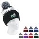 a group of two - tone knit pom beanie with cuff