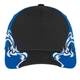 aerial view a black/royal/white port authority(r) colorblock racing cap with flames, image 1 of 3
