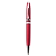 aerial view a red pms200 lara ballpoint pen with twist lock mechanism, image 1 of 3