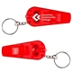 a red safety whistle and light keychain