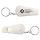 a white safety whistle and light keychain