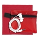 aerial view a red ziptune plus mobile tech earbud kit with microfiber cleaning cloth in zipper pack components inserted into polyester zipper kit, image 1 of 2