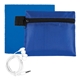 aerial view a blue ziptune plus mobile tech earbud kit with microfiber cleaning cloth in zipper pack components inserted into polyester zipper kit, image 1 of 2
