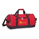 aerial view a red orangebag red 600d polyester sport duffel bag, double - zippered compartment, side, shoe, front pocket, image 1 of 2