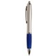 aerial view a blue silver pen with soft rubber grip, image 1 of 2