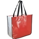 aerial view a red extra large laminated shopping tote bag, image 1 of 2