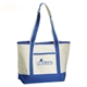 aerial view a natural/royal blue 12 oz orangebag shoppers delight tote bag 18w x 12l x 5 1/2d, image 1 of 2
