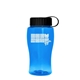 aerial view a blue bottle & black lid poly - pure jr. - 18 oz transparent bottle with tethered lid, image 1 of 2