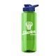 a green bottle & royal blue lid the guzzler - 32 oz transparent bottle with drink thru lid
