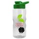 aerial view a clear bottle & green lid & black mixing ball mini mountain 22 oz tritan(tm) shaker bottle with drink thru lid, image 1 of 2