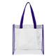aerial view a clear with purple trim and handles matterhorn clear vinyl stadium compliant tote bag, image 1 of 4