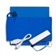 aerial view a royal blue techbank mobile tech power bank accessory kit in microfiber cinch pack components inserted into microfiber kit, image 1 of 3