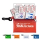 a group of parkway 7 piece healthy living pack components inserted into translucent zipper kit with plastic carabiner attachment