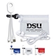 a group of cambell mobile tech earbud and charging cables kit in translucent carabiner zipper pouch