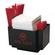 a black napkin caddy / holder w /2 side straw pockets