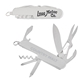 aerial view a silver stainless steel pocket utility swiss army knife, image 1 of 2
