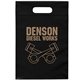 aerial view a black frosted plastic flexo ink multi color die cut handle bag 9.5 x 14, image 1 of 2