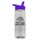aerial view a clear bottle & violet lid 26 oz flair tritan water bottle with flip straw lid, image 1 of 3