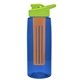 a transparent blue bottle & lime green lid & orange infuser the flair - 26 oz transparent tritan(tm) bottle with drink thru lid and large infuser
