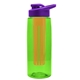 a transparent lime green bottle & violet lid & orange infuser the flair - 26 oz transparent tritan(tm) bottle with drink thru lid and large infuser