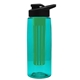 a transparent teal bottle & black lid & green infuser the flair - 26 oz transparent tritan(tm) bottle with drink thru lid and large infuser