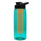 a transparent teal bottle & black lid & orange infuser the flair - 26 oz transparent tritan(tm) bottle with drink thru lid and large infuser