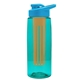 a transparent teal bottle & cyan lid & orange infuser the flair - 26 oz transparent tritan(tm) bottle with drink thru lid and large infuser