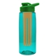 a transparent teal bottle & green lid & orange infuser the flair - 26 oz transparent tritan(tm) bottle with drink thru lid and large infuser
