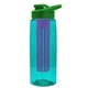 a transparent teal bottle & green lid & violet infuser the flair - 26 oz transparent tritan(tm) bottle with drink thru lid and large infuser