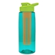 a transparent teal bottle & lime green lid & orange infuser the flair - 26 oz transparent tritan(tm) bottle with drink thru lid and large infuser