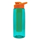 a transparent teal bottle & orange lid & green infuser the flair - 26 oz transparent tritan(tm) bottle with drink thru lid and large infuser