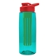 a transparent teal bottle & red lid & green infuser the flair - 26 oz transparent tritan(tm) bottle with drink thru lid and large infuser