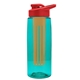 a transparent teal bottle & red lid & orange infuser the flair - 26 oz transparent tritan(tm) bottle with drink thru lid and large infuser