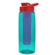 a transparent teal bottle & red lid & violet infuser the flair - 26 oz transparent tritan(tm) bottle with drink thru lid and large infuser