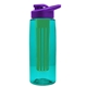 a transparent teal bottle & violet lid & green infuser the flair - 26 oz transparent tritan(tm) bottle with drink thru lid and large infuser