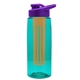 a transparent teal bottle & violet lid & orange infuser the flair - 26 oz transparent tritan(tm) bottle with drink thru lid and large infuser