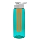 a transparent teal bottle & white lid & orange infuser the flair - 26 oz transparent tritan(tm) bottle with drink thru lid and large infuser