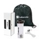 aerial view a black vigor 3- piece fitness gift set, image 1 of 3