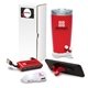 aerial view a red analog 5- piece technology gift set, image 1 of 2