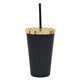 aerial view a matte black with metallic gold lid with black straw 16 oz moonlit cove tumbler, image 1 of 2