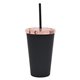 aerial view a matte black with rose gold lid with black straw 16 oz moonlit cove tumbler, image 1 of 2