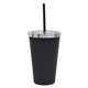aerial view a matte black with silver lid with black straw 16 oz moonlit cove tumbler, image 1 of 2