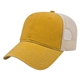 aerial view a mustard/stone washed pigment dyed with washed trucker mesh cap, image 1 of 3