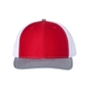aerial view a red/ white/ heather grey richardson adjustable six - panel trucker hat, image 1 of 3