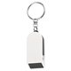 aerial view a white with black phone stand and screen cleaner combo key chain, image 1 of 4