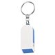 aerial view a white with blue phone stand and screen cleaner combo key chain, image 1 of 4