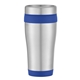 aerial view a stainless steel with blue trim 15 oz aspen stainless steel tumbler, image 1 of 2