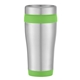 aerial view a stainless steel with green trim 15 oz aspen stainless steel tumbler, image 1 of 2