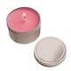 aerial view a pink/fresh cut roses promotional 2 oz round tin soy candle with your logo, image 1 of 3