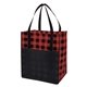 aerial view a red with black northwoods laminated non - woven tote bag, image 1 of 3